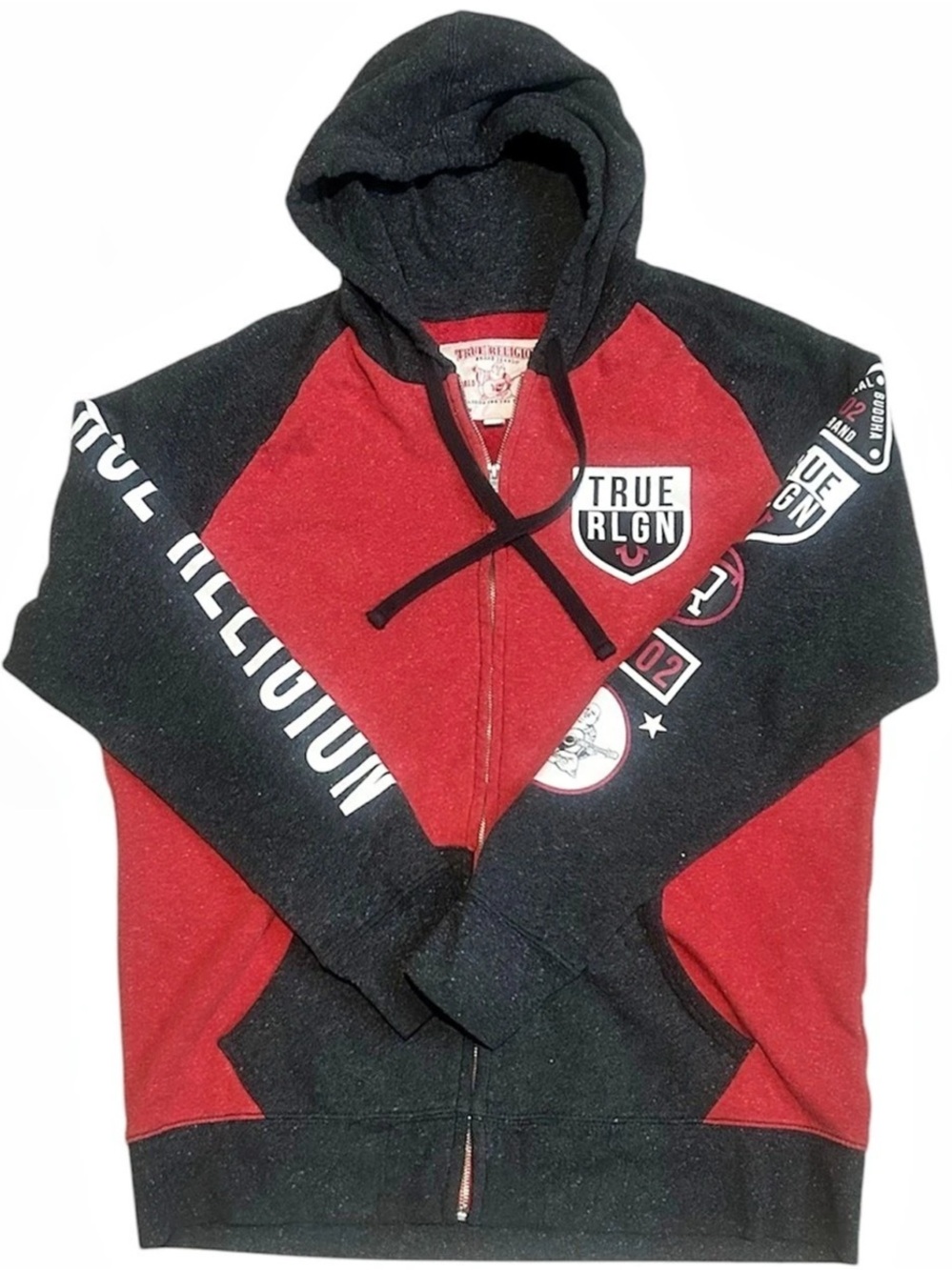 True Religion Mens Hoodie 2XL XXL Black Red Colorblock Zip Up Sweatshirt TRUE RL